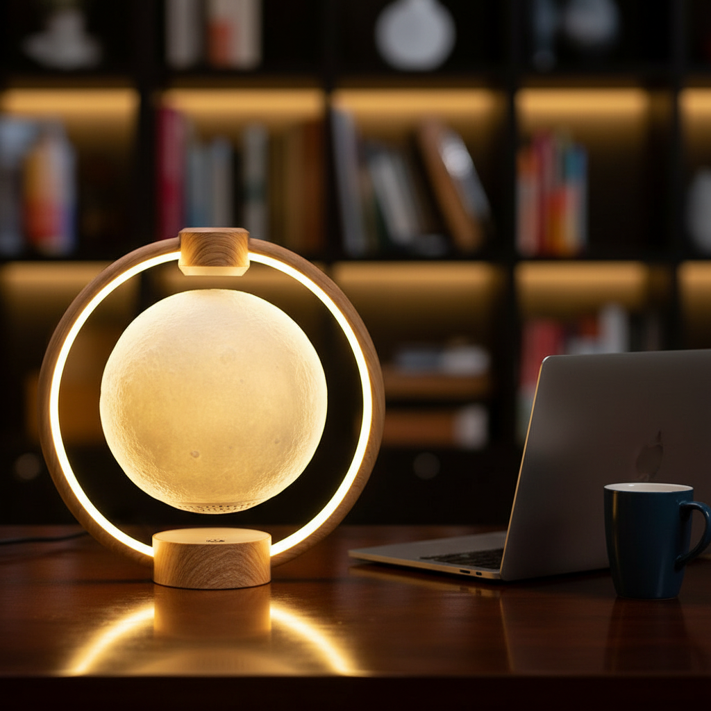 Levitating Moon Lamp with Bluetooth Speaker, Remote and Wood or Black Base