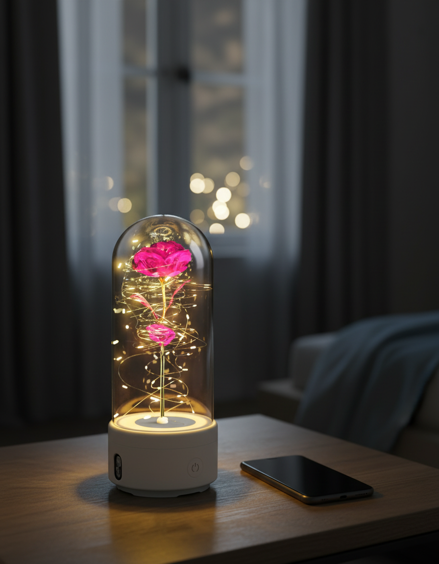 Eternal Rose LED Lamp in a Glass Dome with Bluetooth Speaker