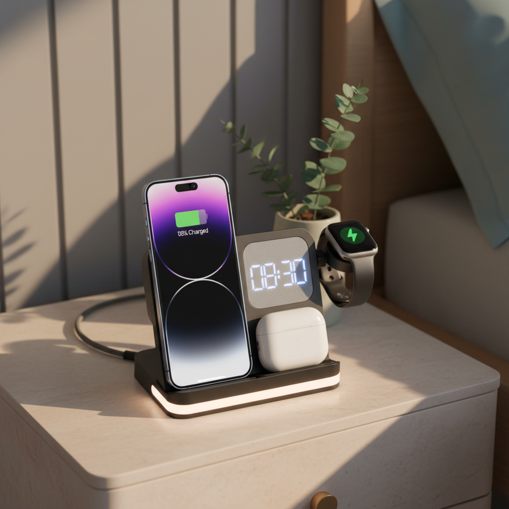 Bedside Wireless Charging Station with Alarm Clock for Phone, Watch and Earbuds