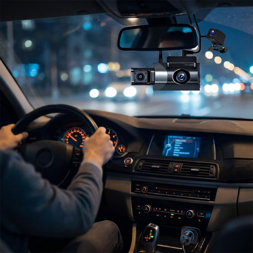3-Lens Dash Cam with 1296p Front, Interior and Rear Recording
