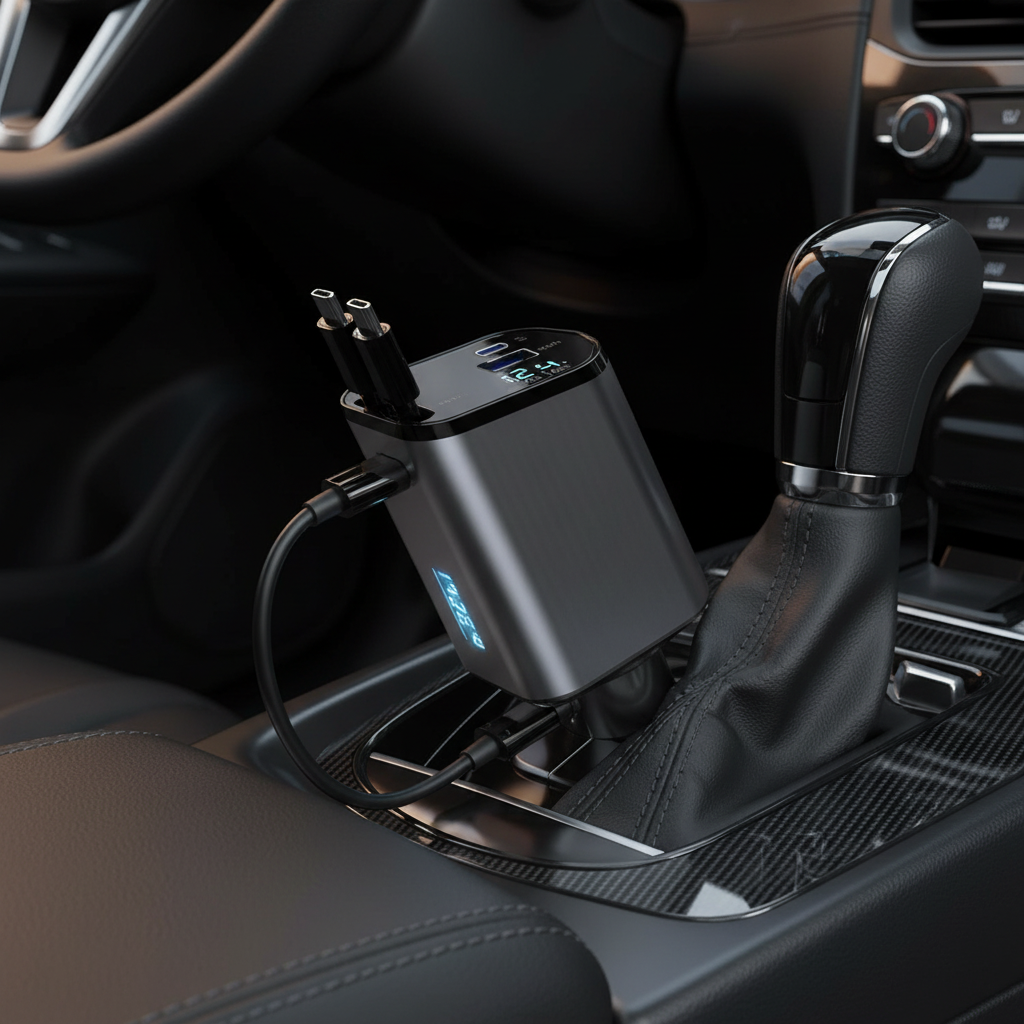 4-in-1 Retractable Car Charger, 120W, Two Pull-Out Cables plus USB-A and USB-C