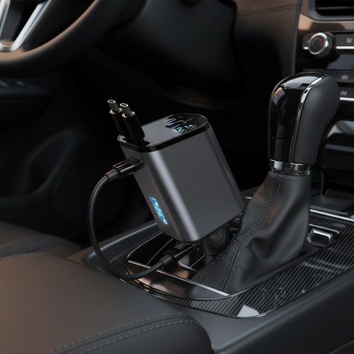 4-in-1 Retractable Car Charger, 120W, Two Pull-Out Cables plus USB-A and USB-C