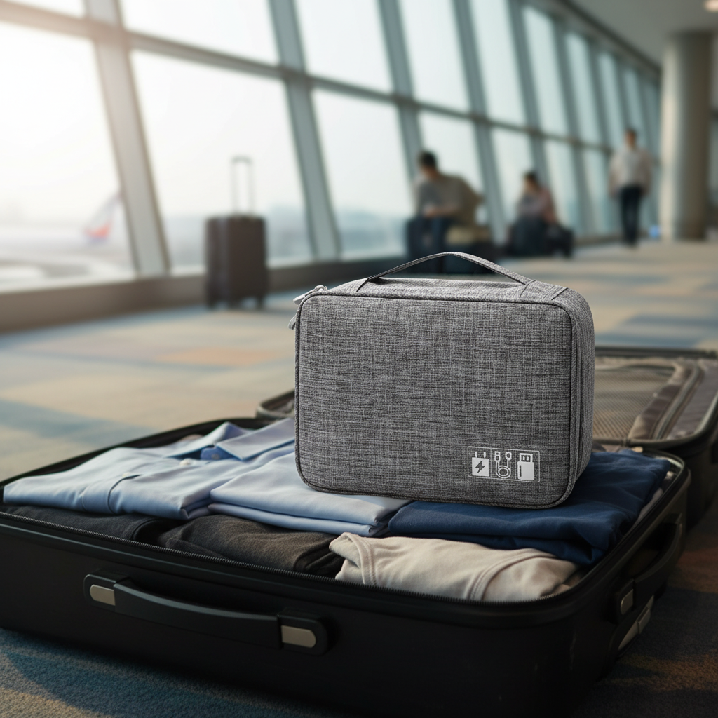Travel Electronics Organizer Case with Removable Dividers and Mesh Pockets