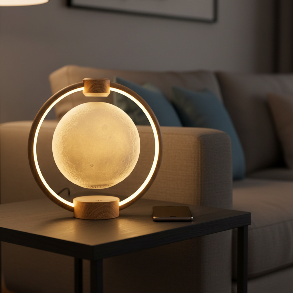 Levitating Moon Lamp with Bluetooth Speaker, Remote and Wood or Black Base