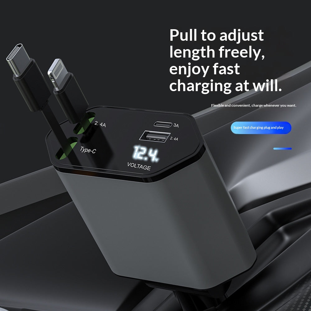 4-in-1 Retractable Car Charger, 120W, Two Pull-Out Cables plus USB-A and USB-C