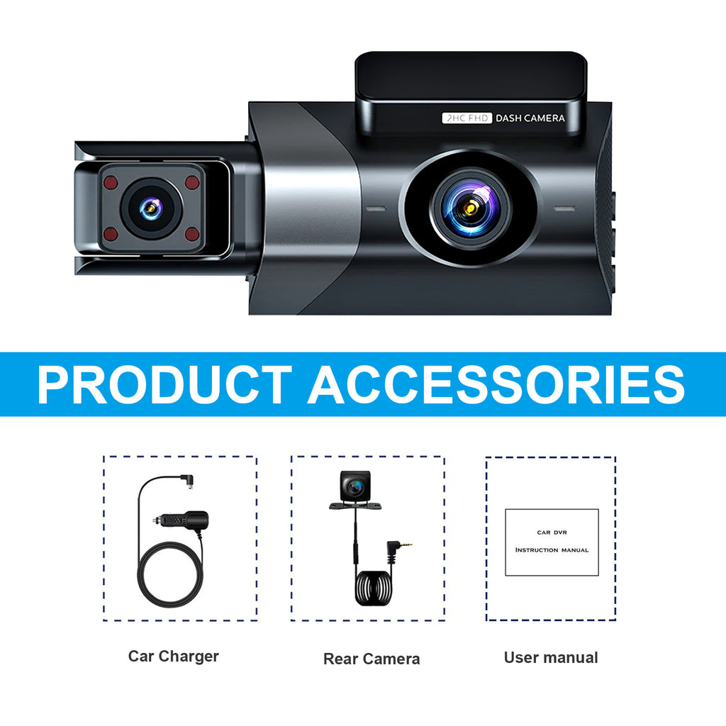 3-Lens Dash Cam with 1296p Front, Interior and Rear Recording