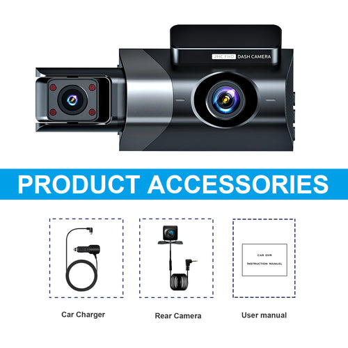 3-Lens Dash Cam with 1296p Front, Interior and Rear Recording