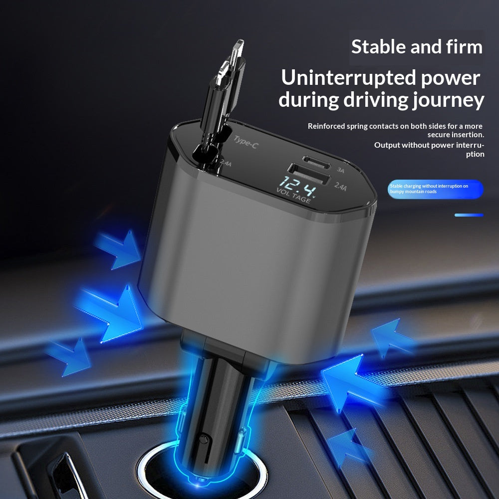 4-in-1 Retractable Car Charger, 120W, Two Pull-Out Cables plus USB-A and USB-C