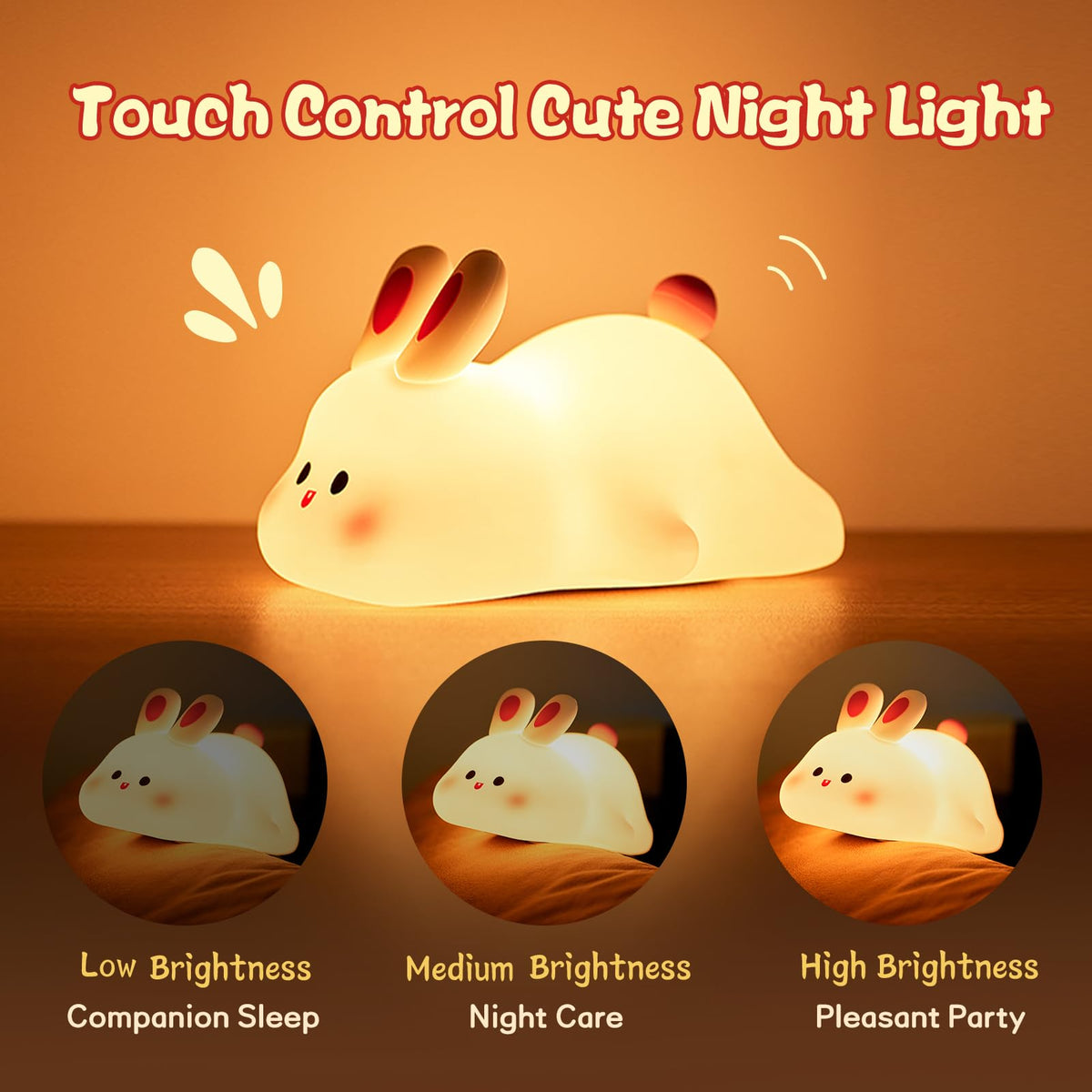 Squishy Silicone Bunny Night Light with Touch Dimming, 30-Minute Timer and USB-C