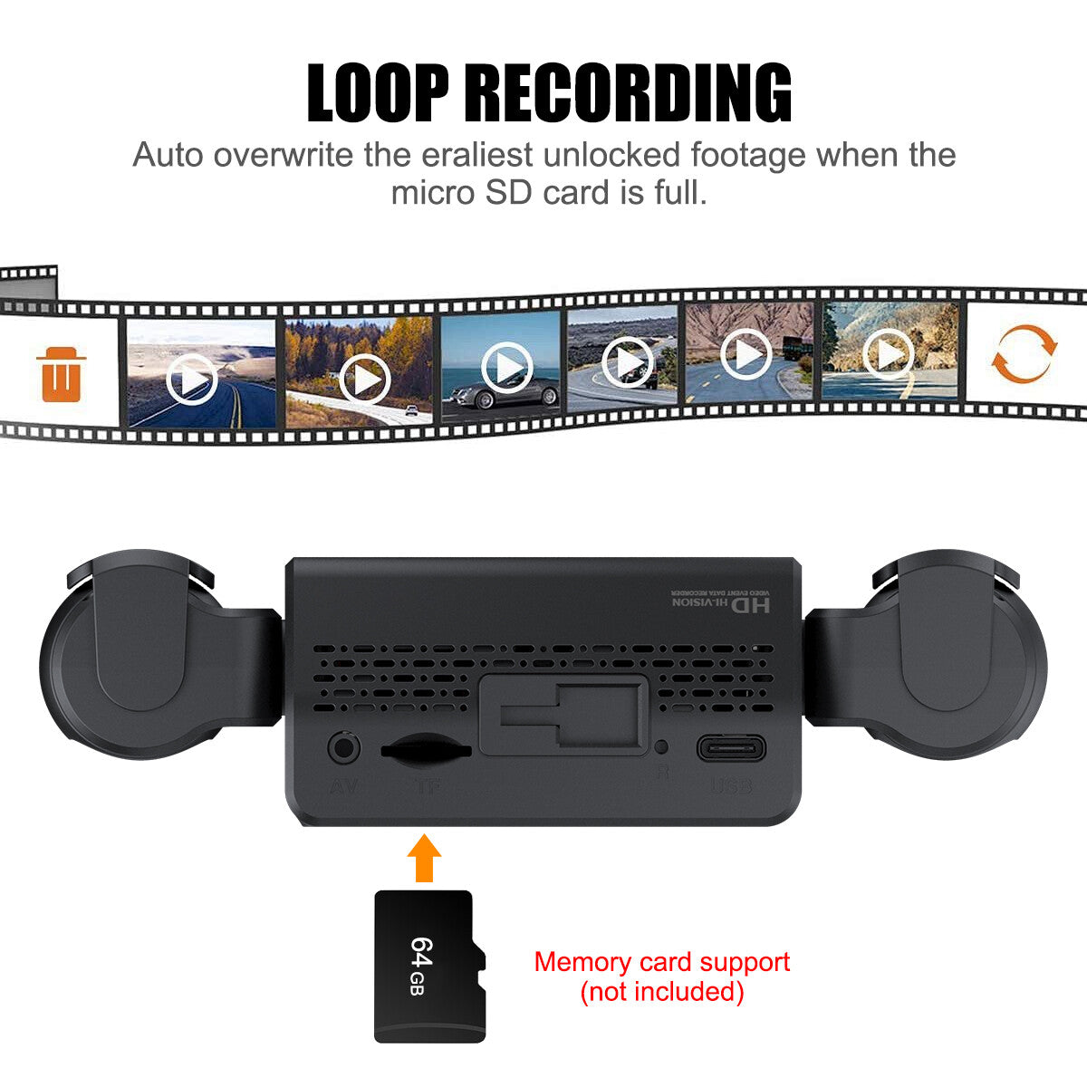 3-Lens Dash Cam, Front and Two Side Cameras, 2.4" Screen