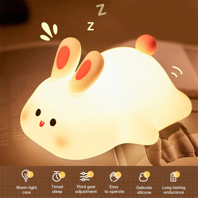 Squishy Silicone Bunny Night Light with Touch Dimming, 30-Minute Timer and USB-C