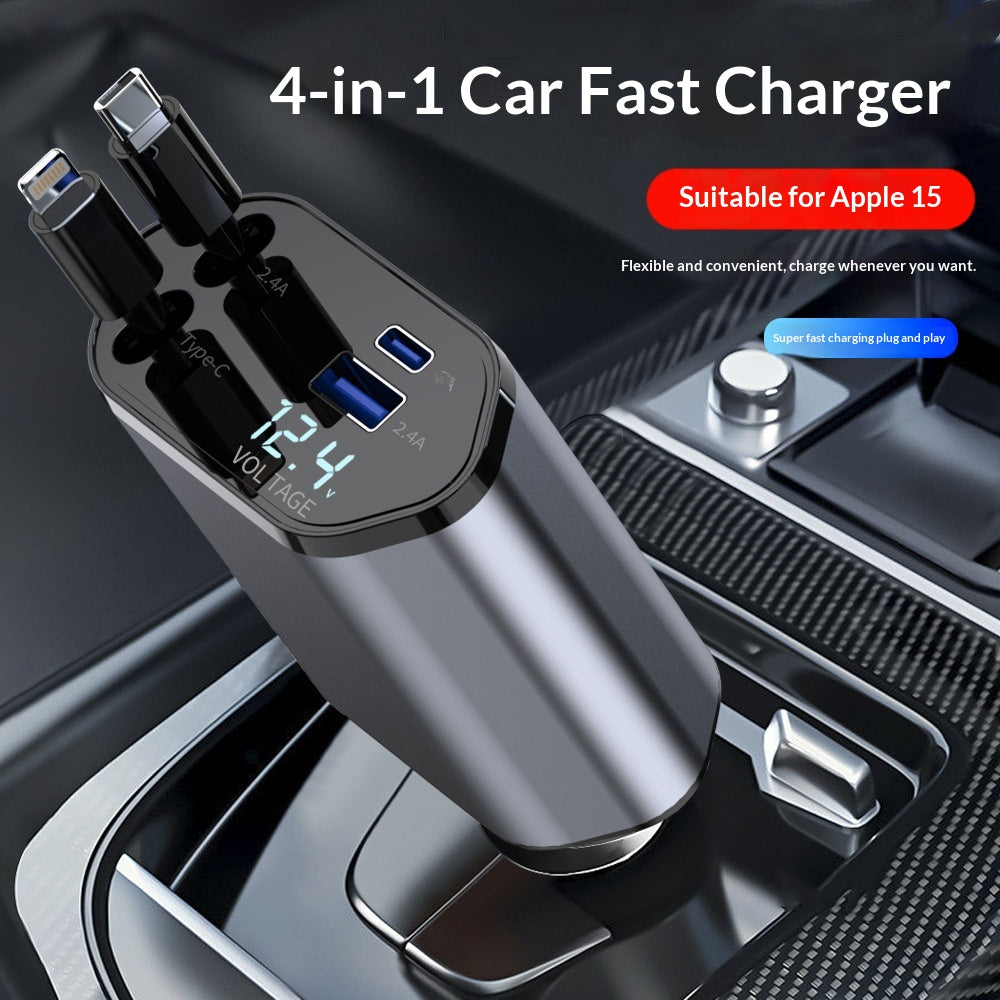 4-in-1 Retractable Car Charger, 120W, Two Pull-Out Cables plus USB-A and USB-C