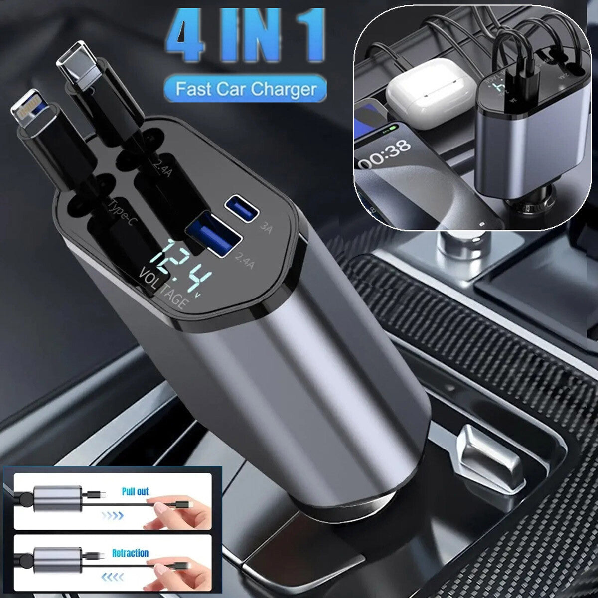 4-in-1 Retractable Car Charger, 120W, Two Pull-Out Cables plus USB-A and USB-C