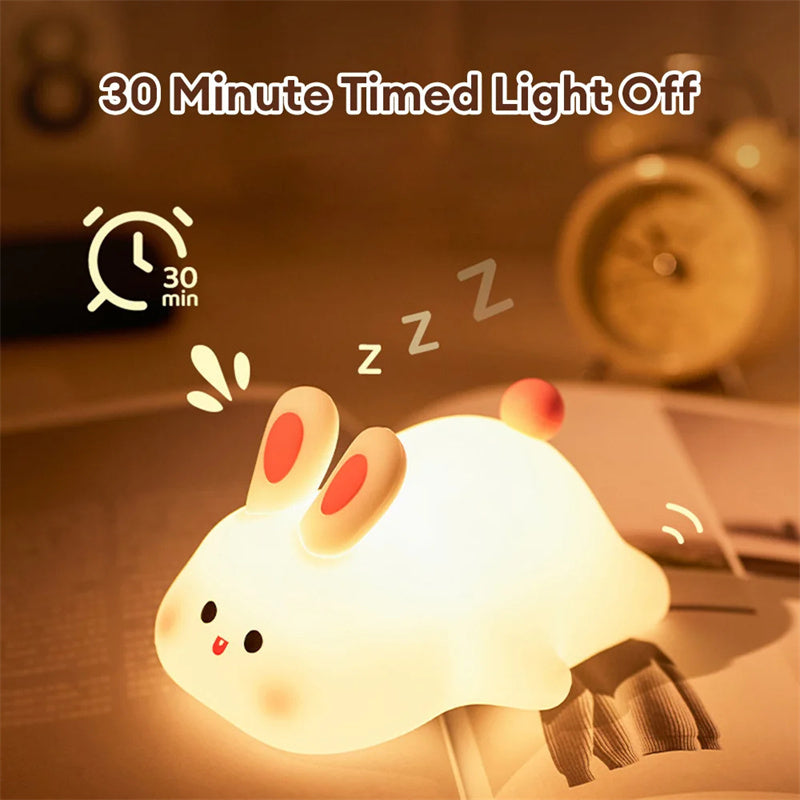 Squishy Silicone Bunny Night Light with Touch Dimming, 30-Minute Timer and USB-C