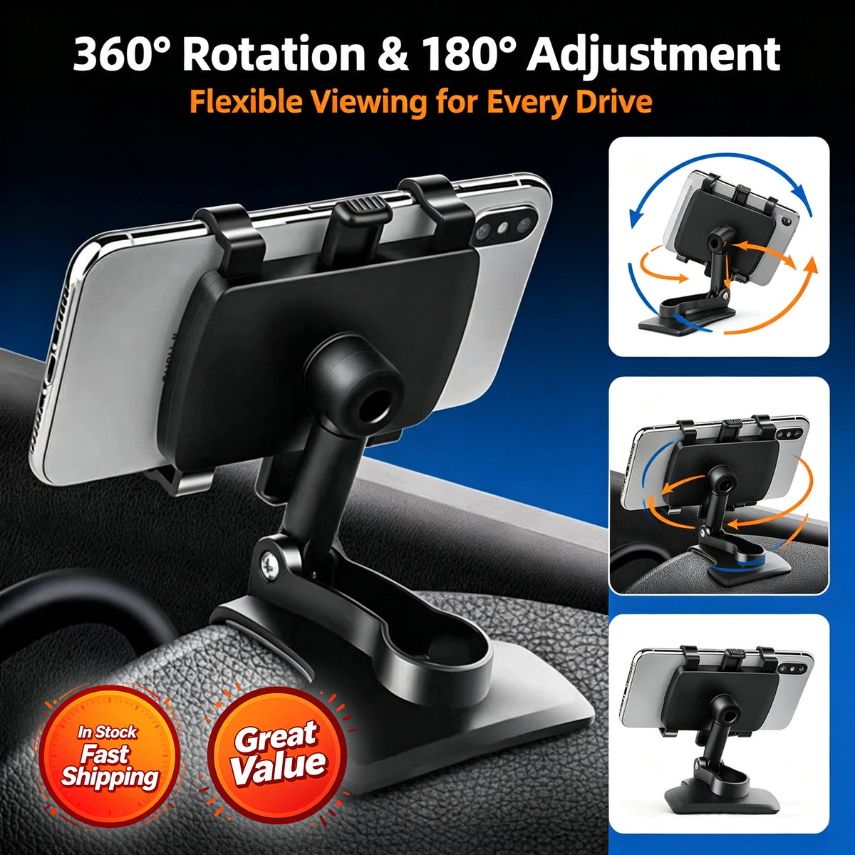 Magnetic Car Phone Mount for Dashboard and Screen Edge, 360° Rotation