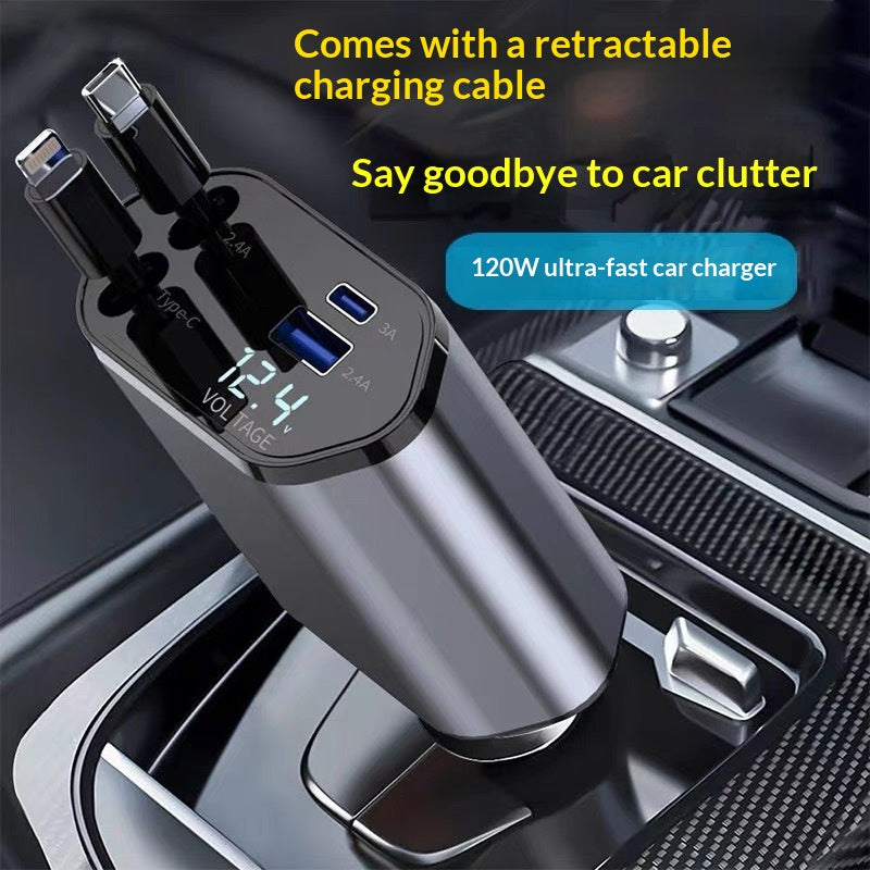 4-in-1 Retractable Car Charger, 120W, Two Pull-Out Cables plus USB-A and USB-C