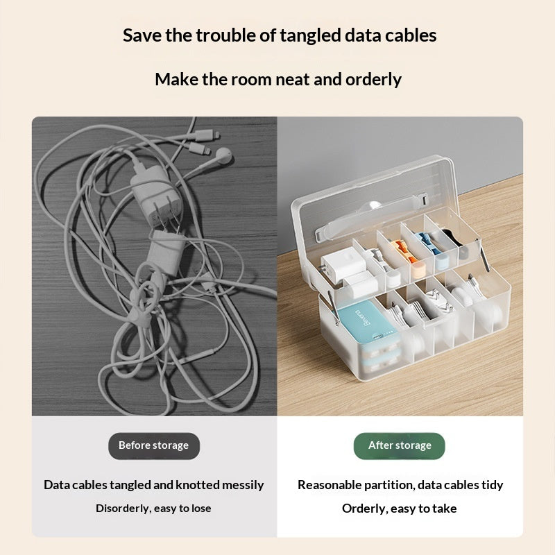 Flip-Lid Cable Storage Box with Compartments, Clear or Green