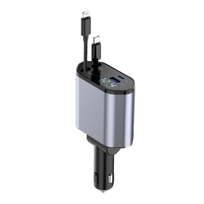 4-in-1 Retractable Car Charger, 120W, Two Pull-Out Cables plus USB-A and USB-C