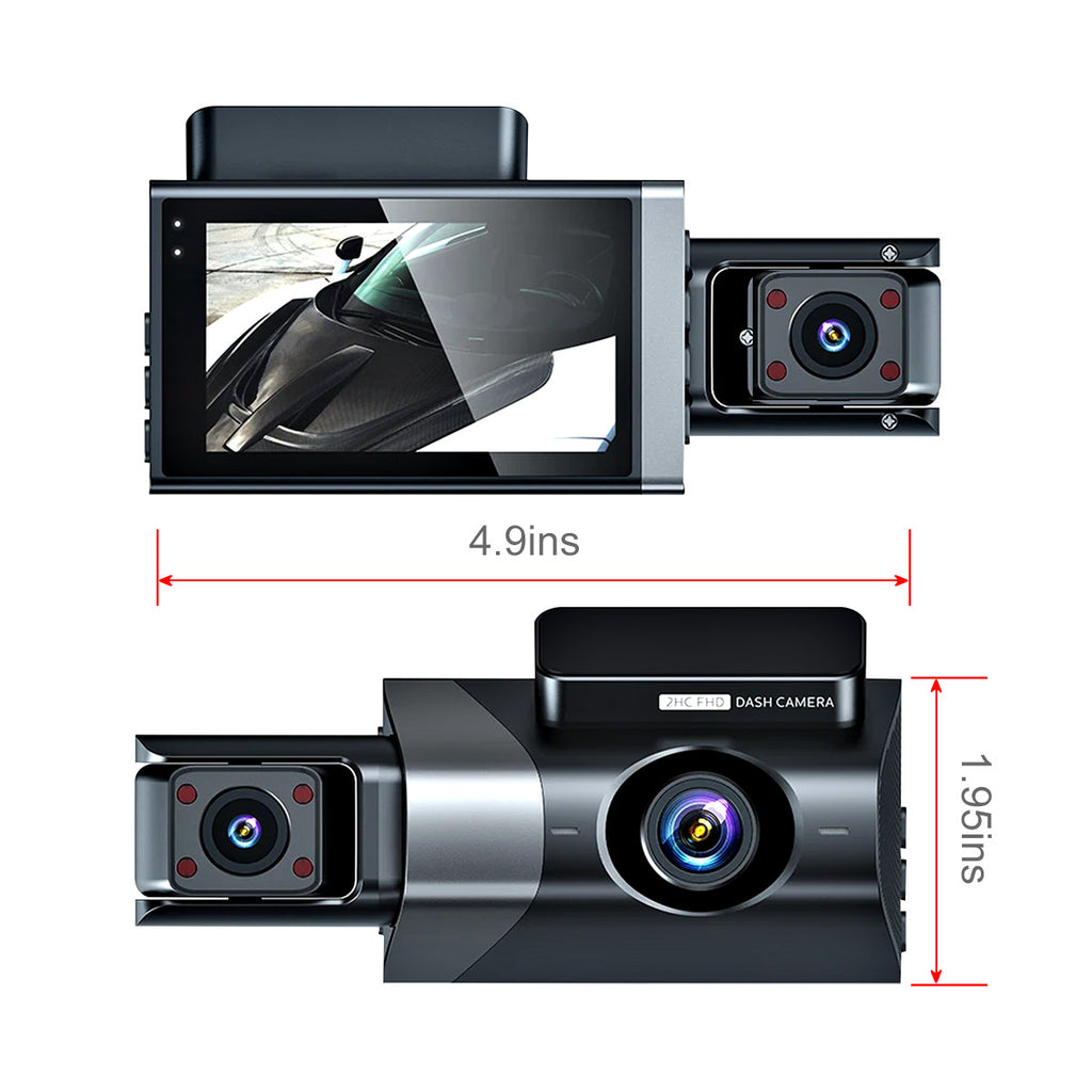 3-Lens Dash Cam with 1296p Front, Interior and Rear Recording