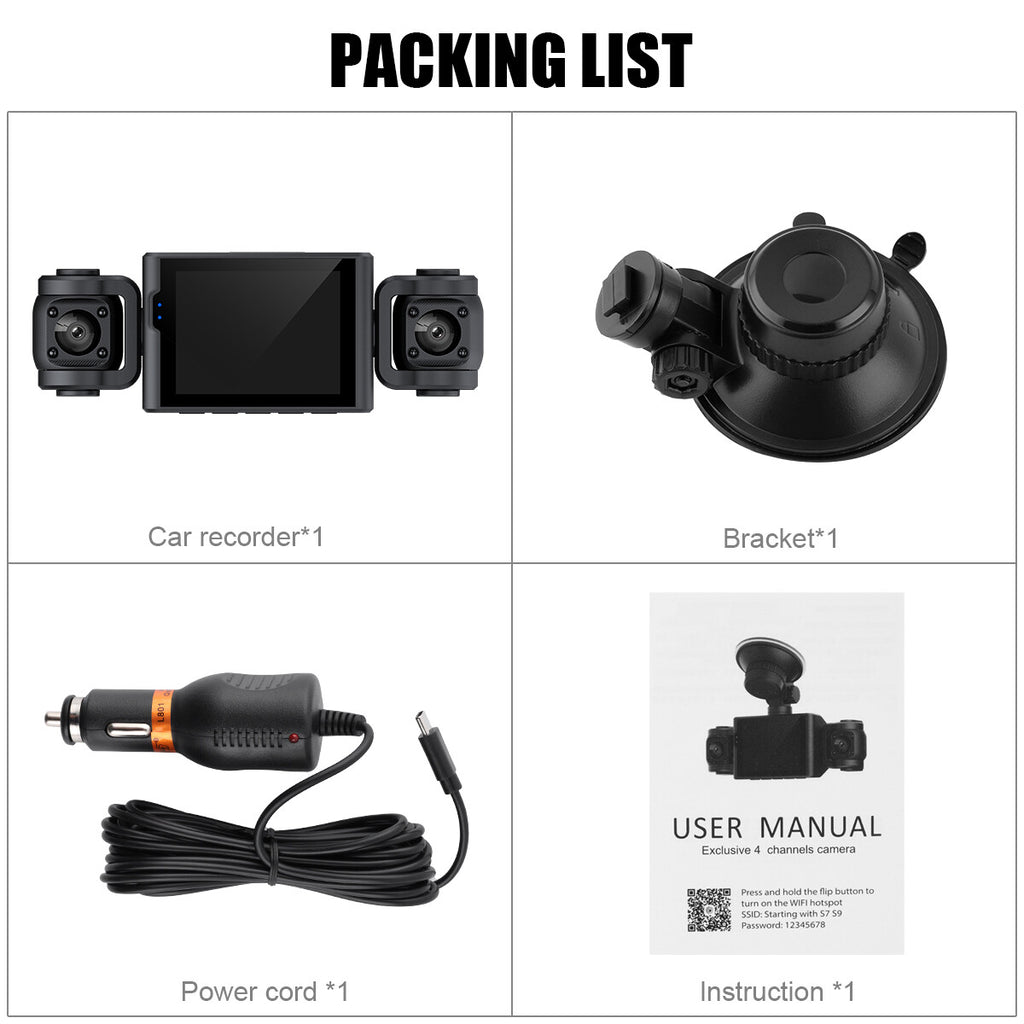 3-Lens Dash Cam, Front and Two Side Cameras, 2.4" Screen
