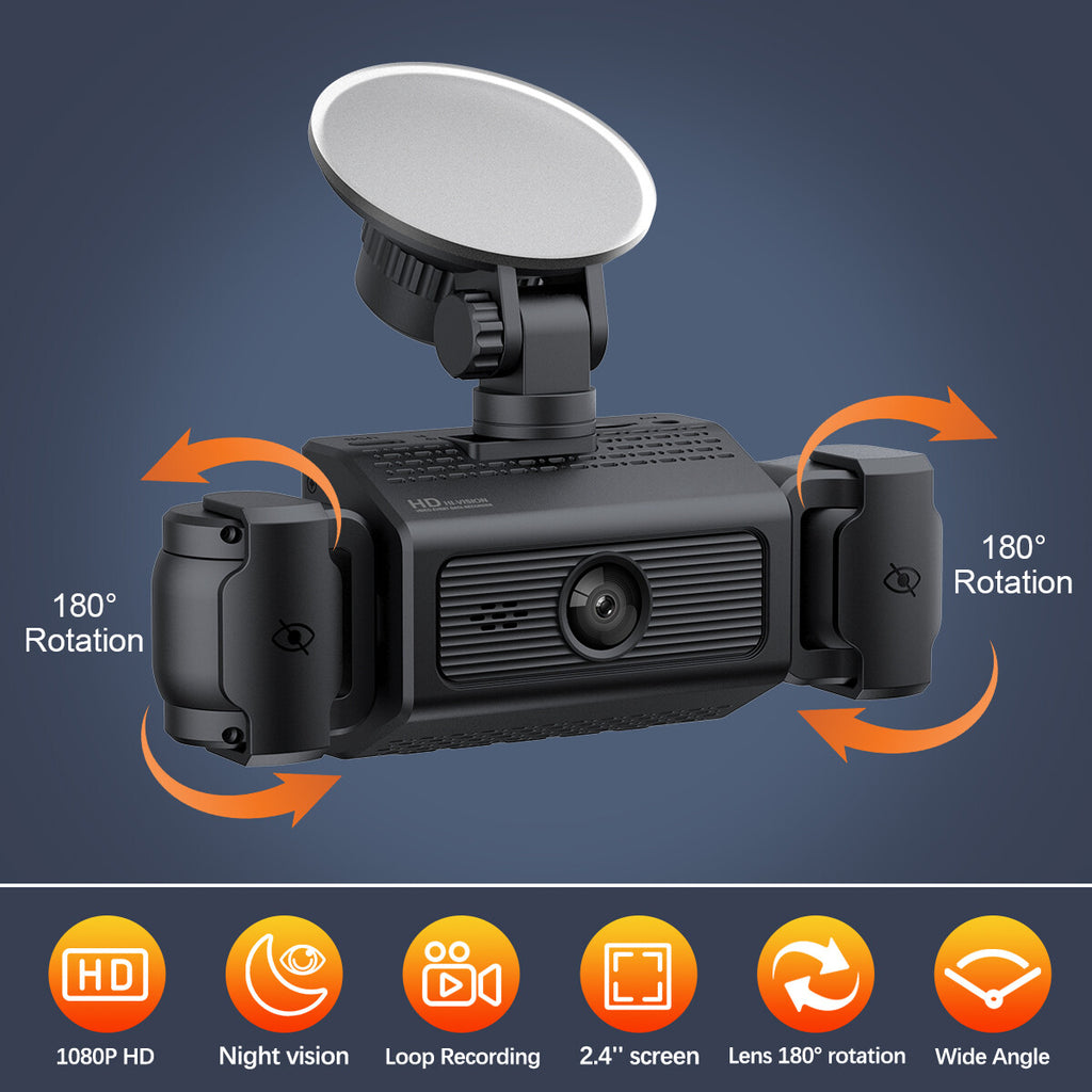 3-Lens Dash Cam, Front and Two Side Cameras, 2.4" Screen
