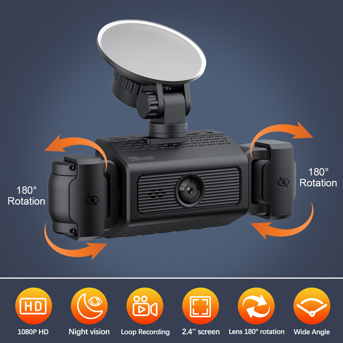3-Lens Dash Cam, Front and Two Side Cameras, 2.4" Screen