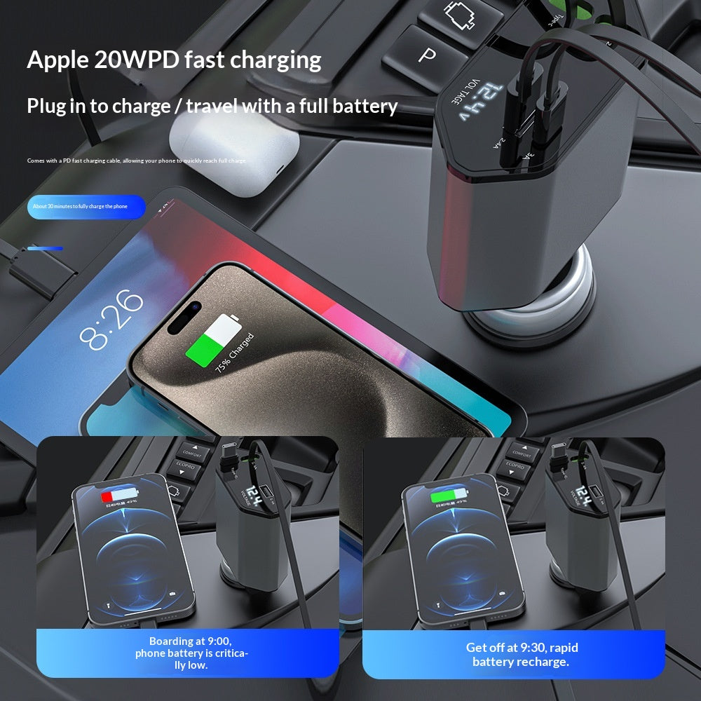 4-in-1 Retractable Car Charger, 120W, Two Pull-Out Cables plus USB-A and USB-C