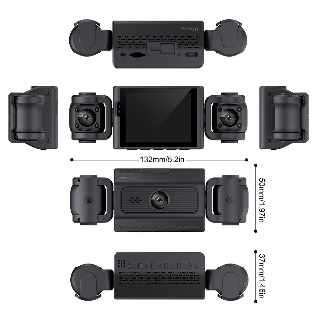 3-Lens Dash Cam, Front and Two Side Cameras, 2.4" Screen