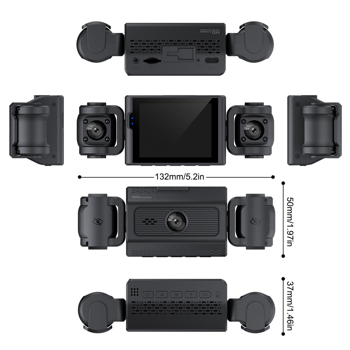 3-Lens Dash Cam, Front and Two Side Cameras, 2.4" Screen