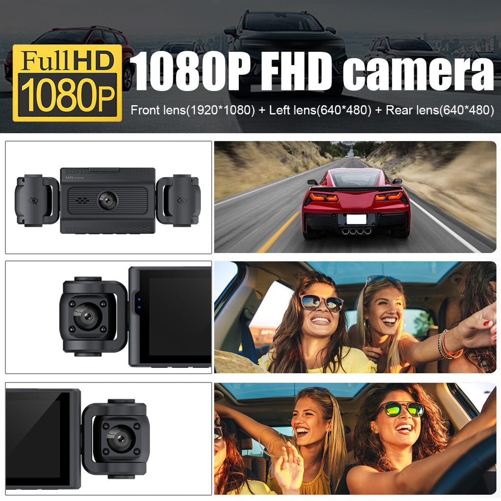 3-Lens Dash Cam, Front and Two Side Cameras, 2.4" Screen