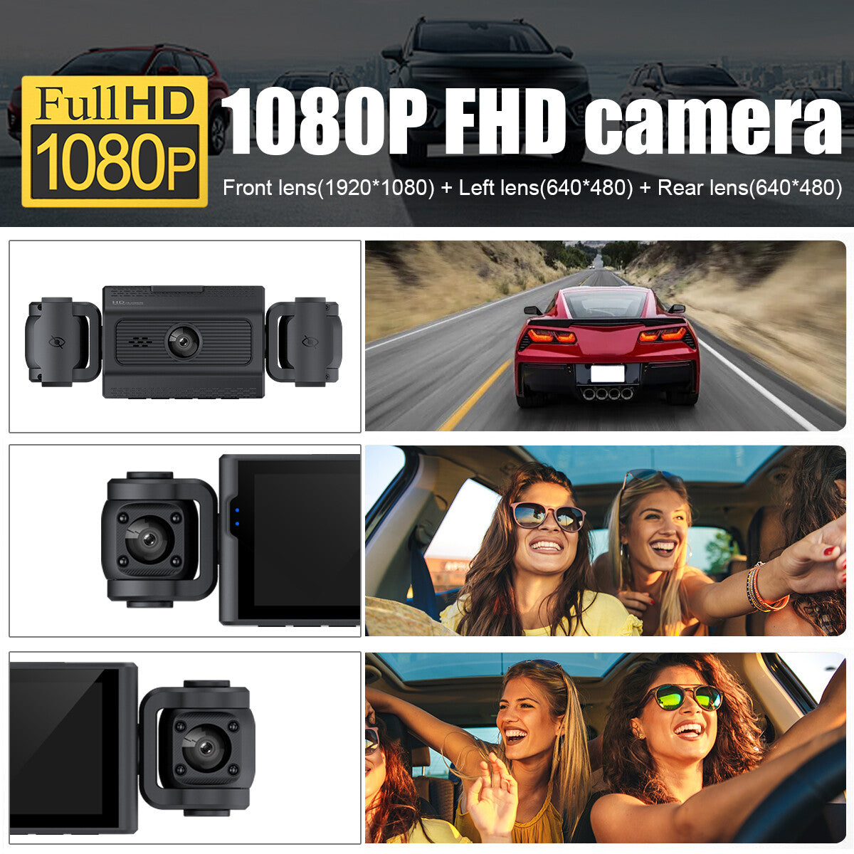3-Lens Dash Cam, Front and Two Side Cameras, 2.4" Screen