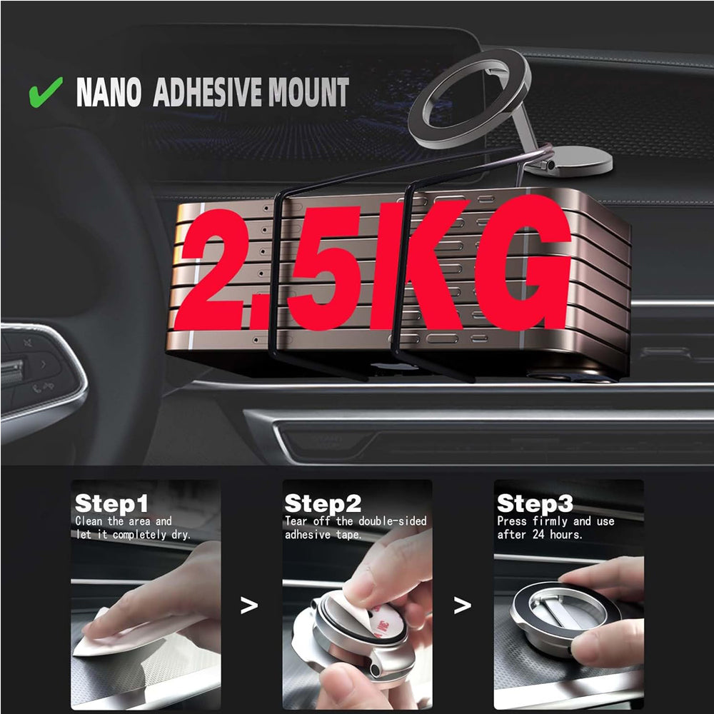 Magnetic Car Phone Mount with 51 Magnets, Zinc Alloy Body and 360° Adhesive Base