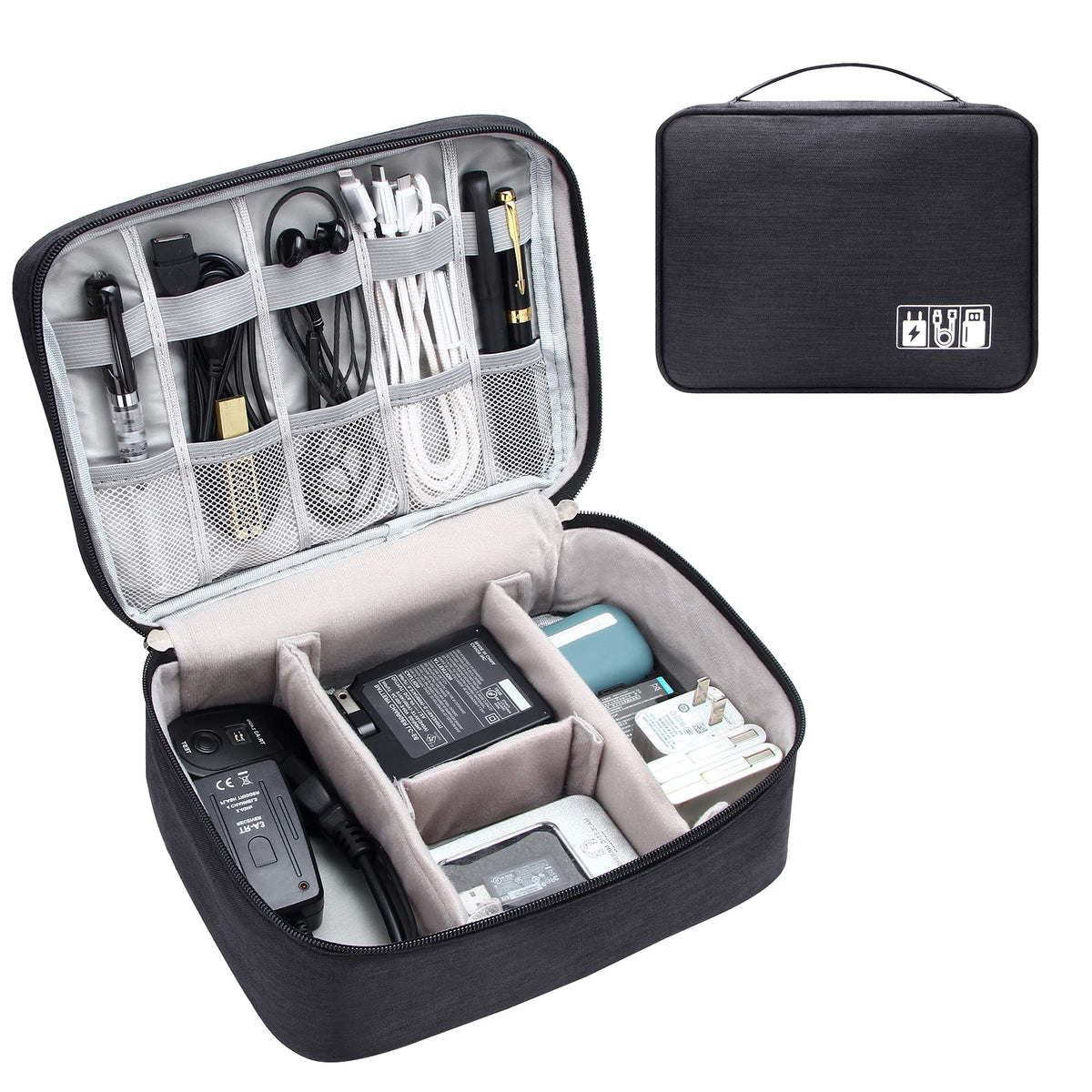 Travel Electronics Organizer Case with Removable Dividers and Mesh Pockets