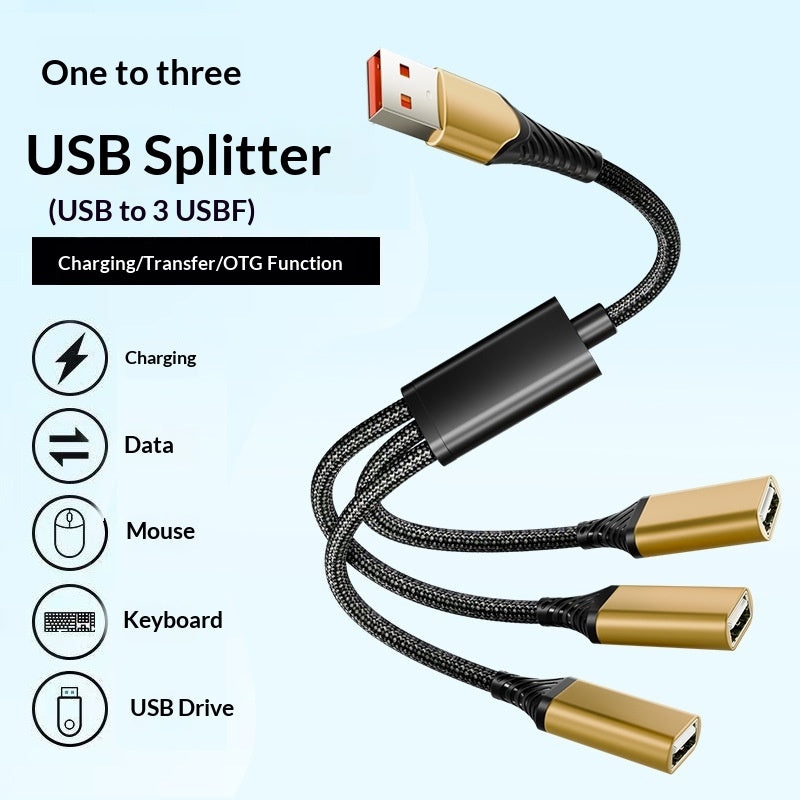 3-Port USB Splitter Adapter Cable, Aluminum Housing, Black