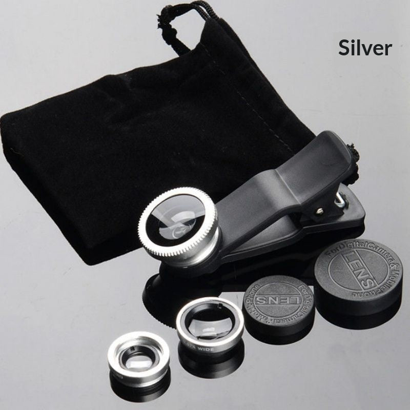 3-in-1 Clip-On Phone Lens Set: Fisheye, Wide-Angle, Macro