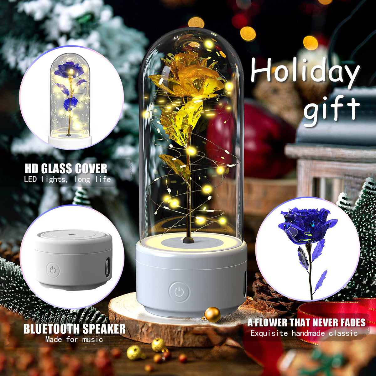 Eternal Rose LED Lamp in a Glass Dome with Bluetooth Speaker