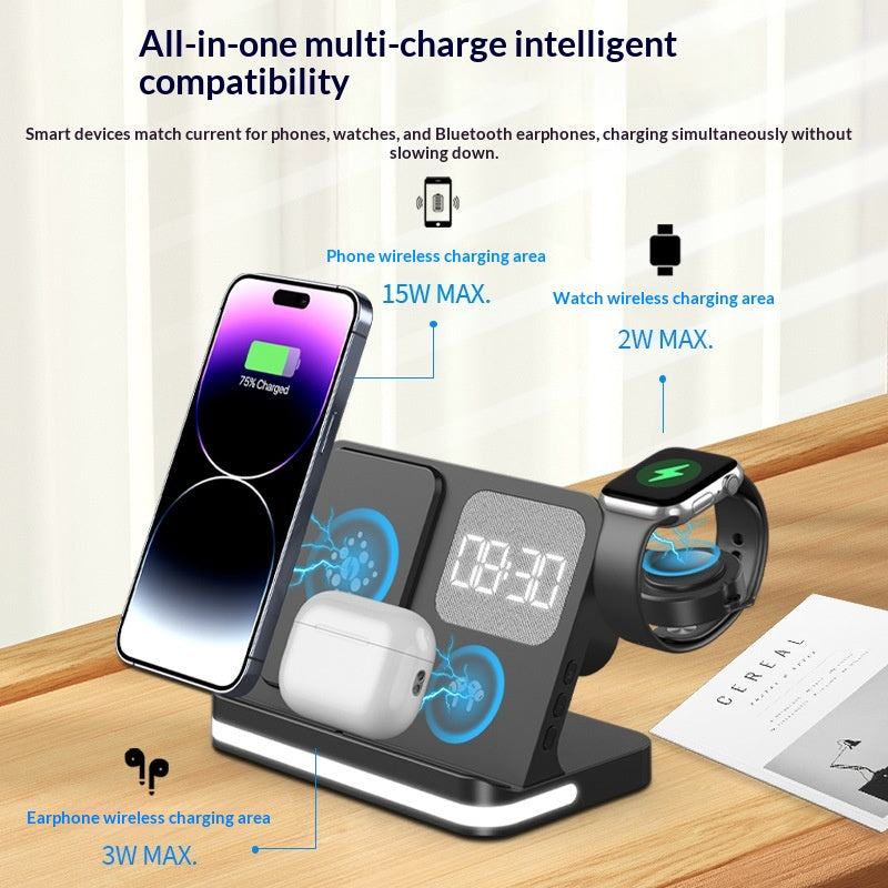 Bedside Wireless Charging Station with Alarm Clock for Phone, Watch and Earbuds