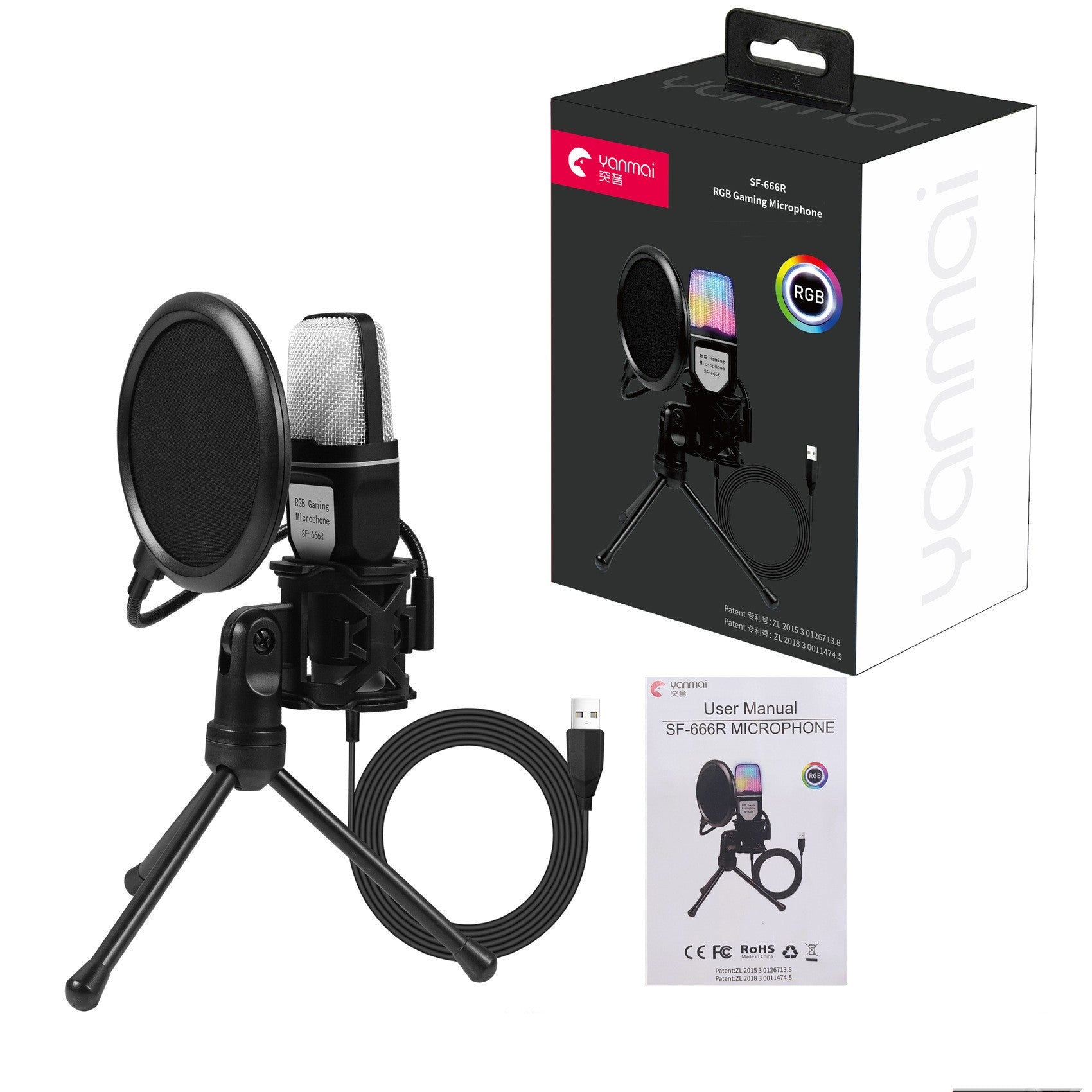 RGB USB Condenser Desktop Microphone with Pop Filter and Stand
