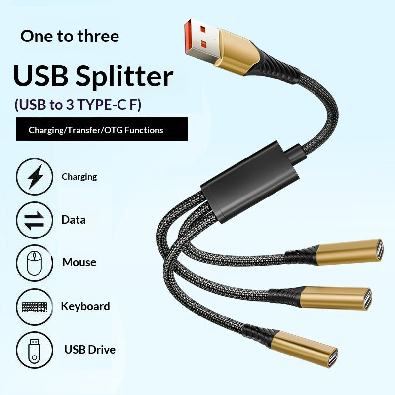 3-Port USB Splitter Adapter Cable, Aluminum Housing, Black