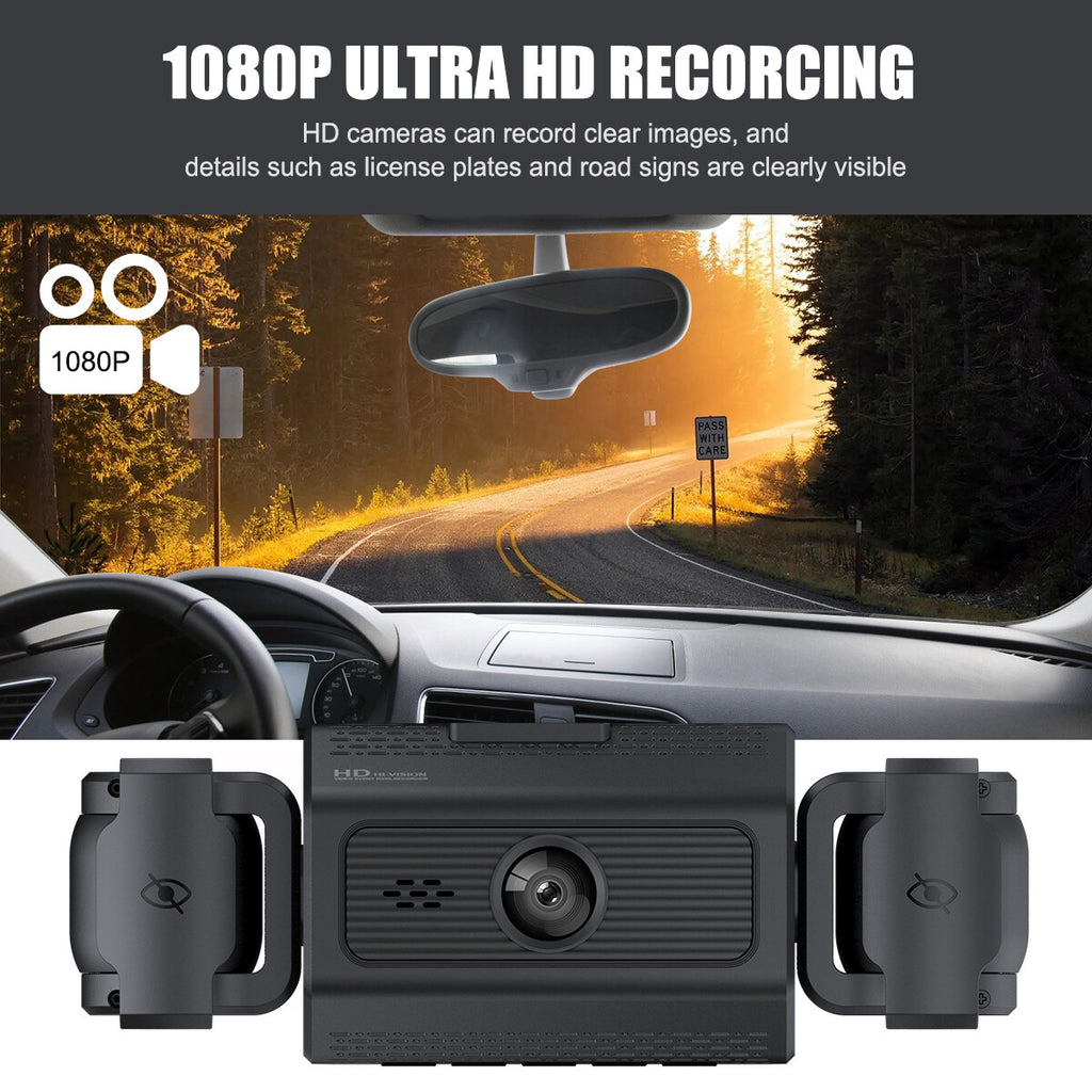 3-Lens Dash Cam, Front and Two Side Cameras, 2.4" Screen