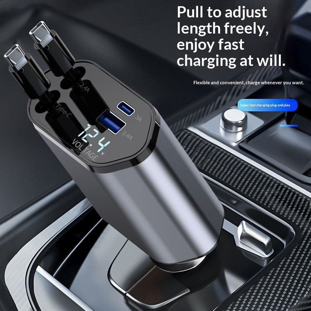 4-in-1 Retractable Car Charger, 120W, Two Pull-Out Cables plus USB-A and USB-C