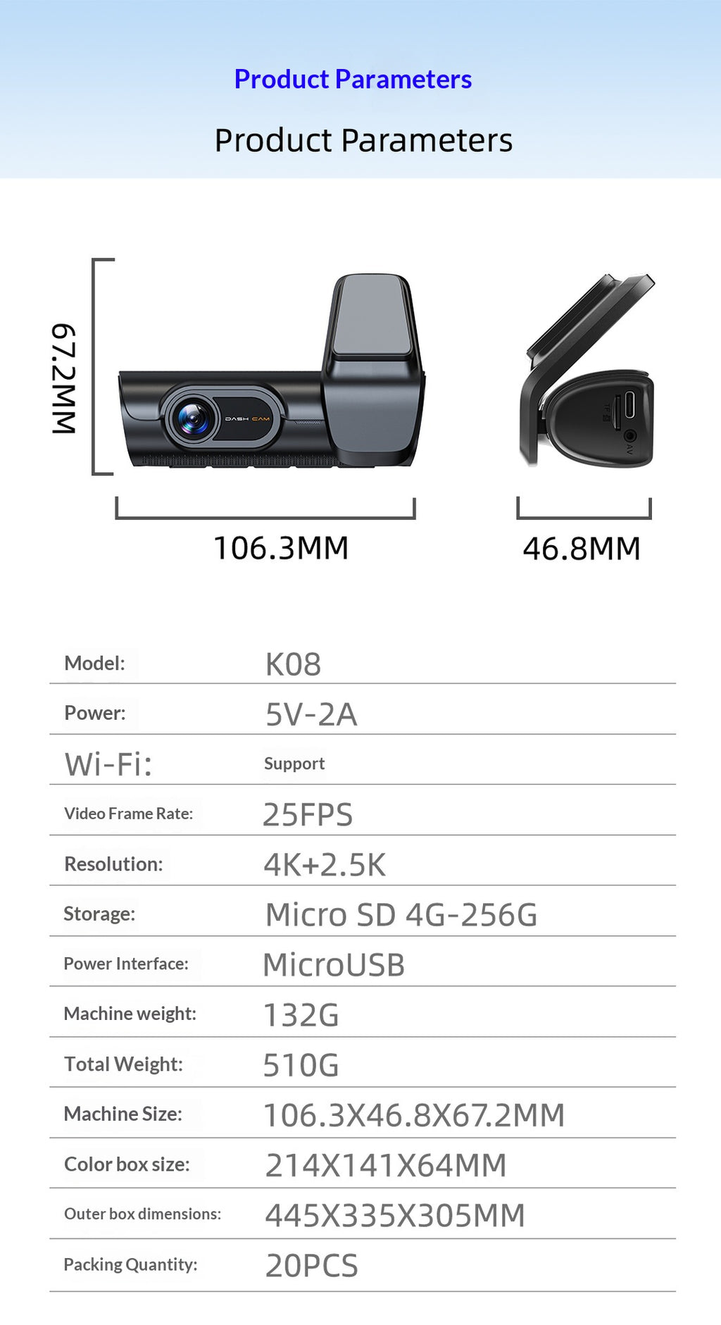 4K Front and 1080p Rear Dash Cam with WiFi and 32GB Card