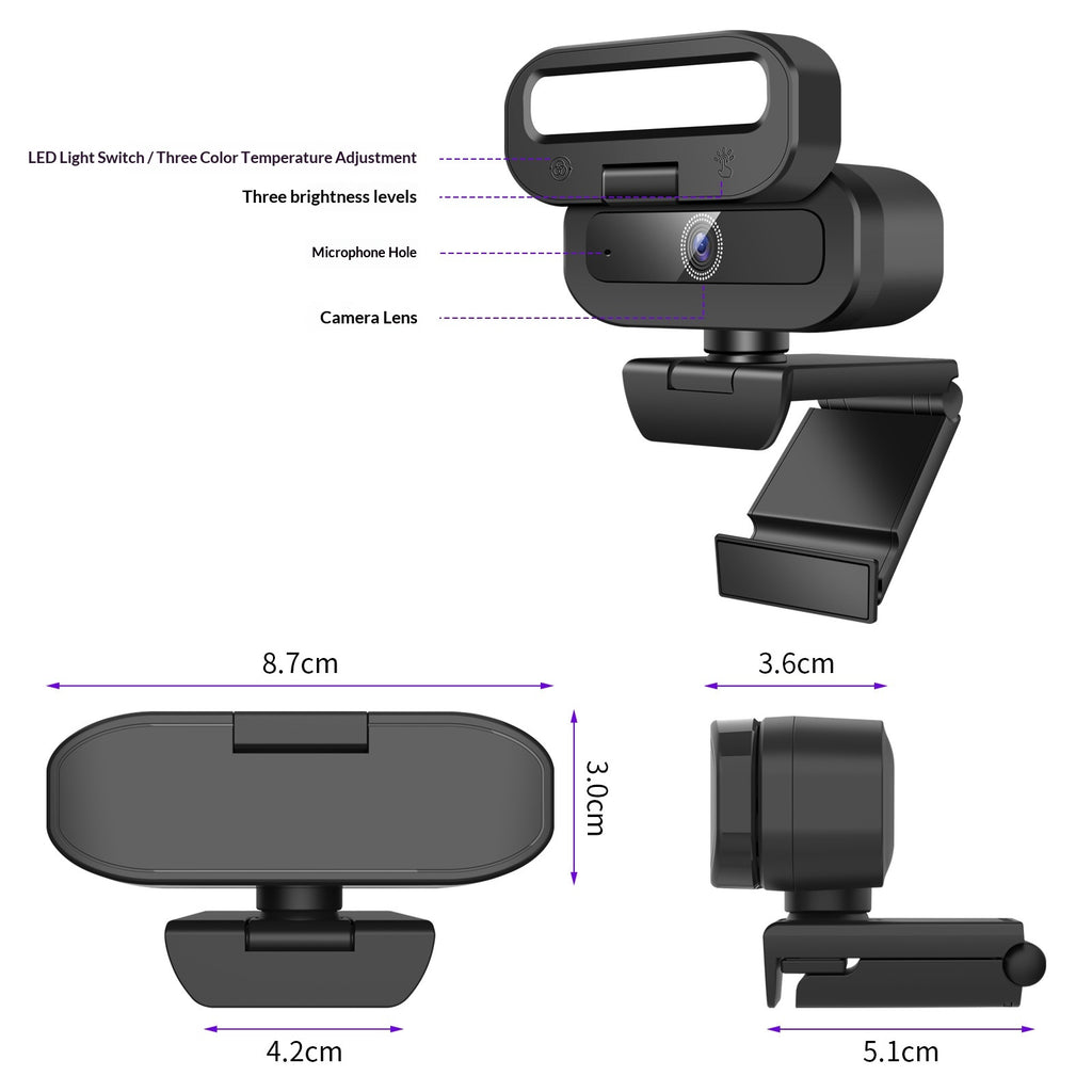 Streaming Webcam with Fill Light, 2K or 4K, USB Connection