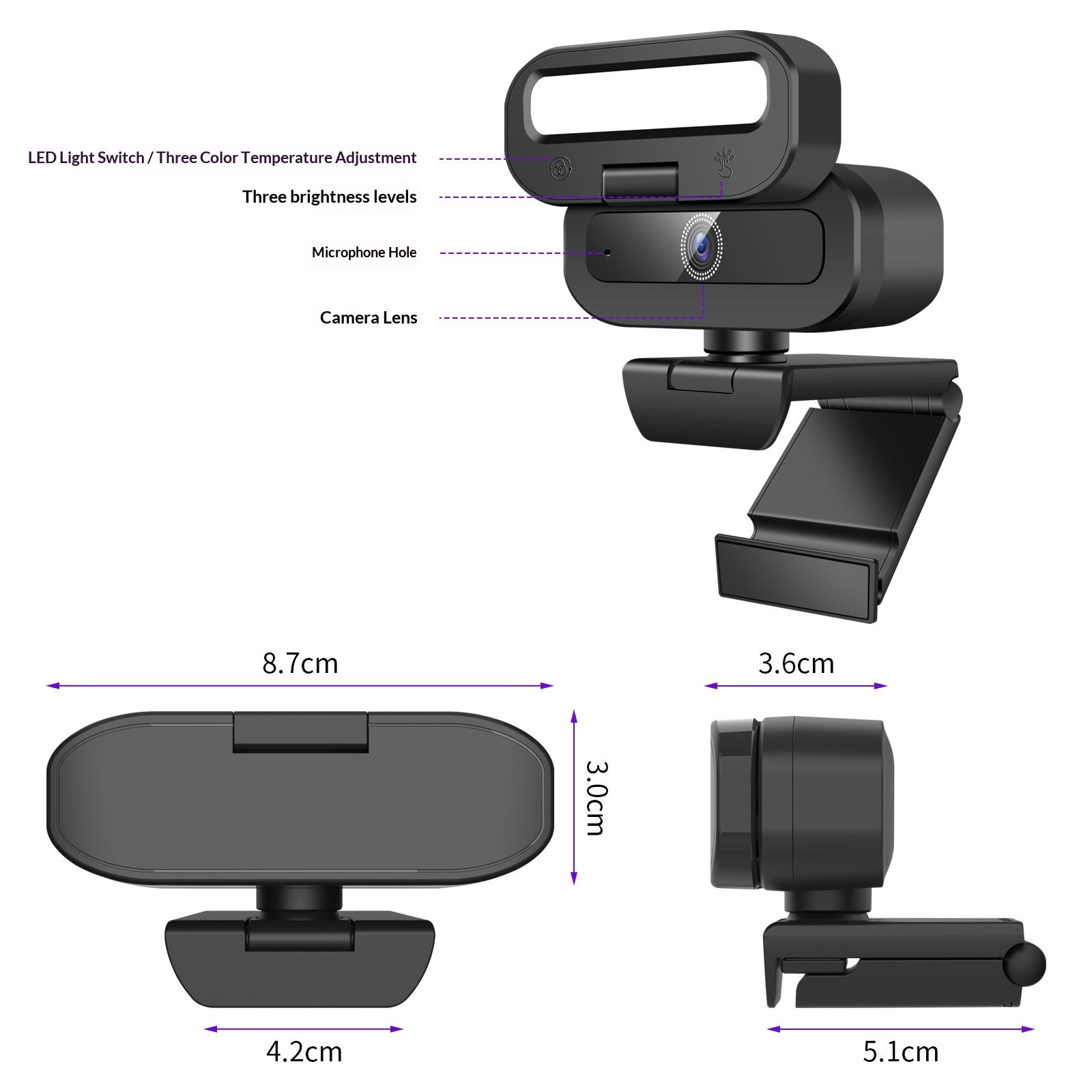 Streaming Webcam with Fill Light, 2K or 4K, USB Connection