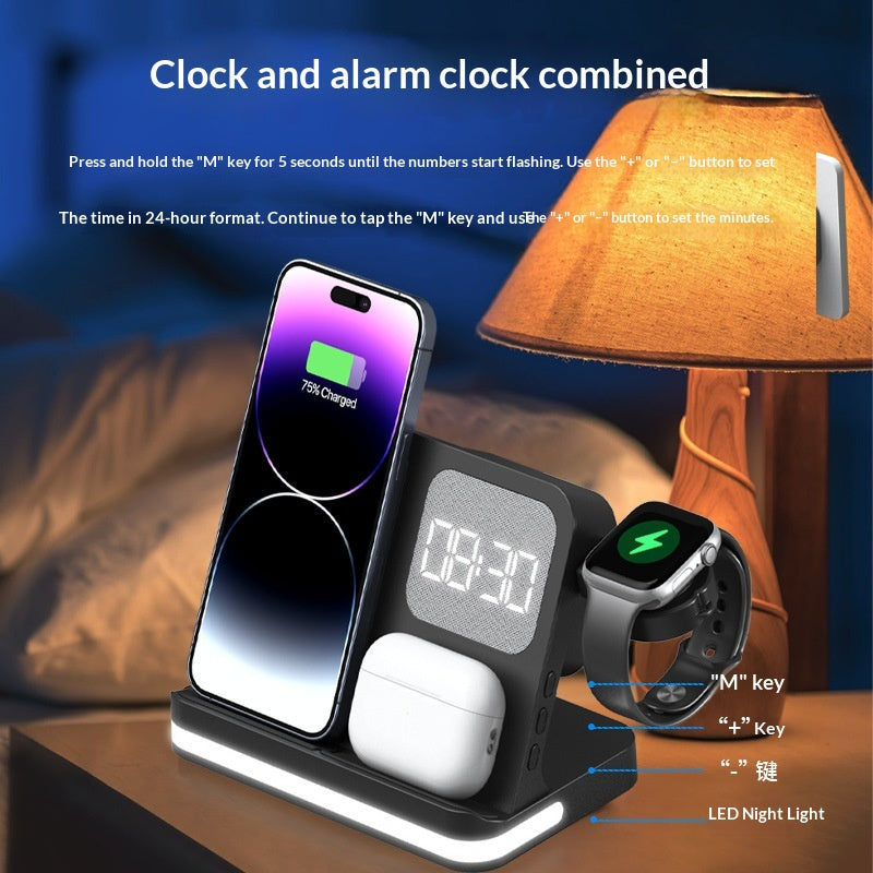 Bedside Wireless Charging Station with Alarm Clock for Phone, Watch and Earbuds